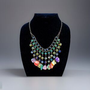 Vintage Boho Bib Waterfall Necklace with Colorful Beads and Shell Chips
